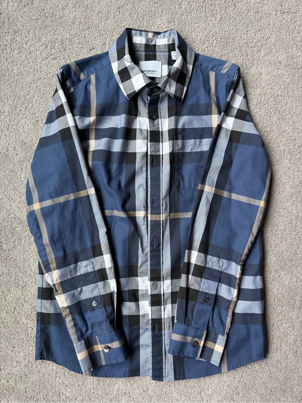 Burberry Boys Navy and Black Plaid Cotton Button-Down Shirt